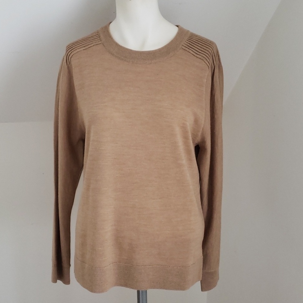 TALBOTS Pure Merino Wool Sweater English Toffee Pleated Shoulder Crewneck, S
